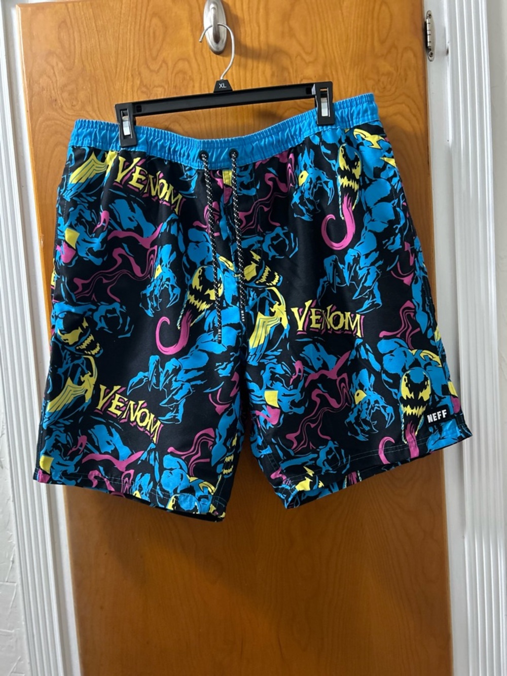 Neff Black Swim Shorts with Blue, Pink & Yellow Venom Print
